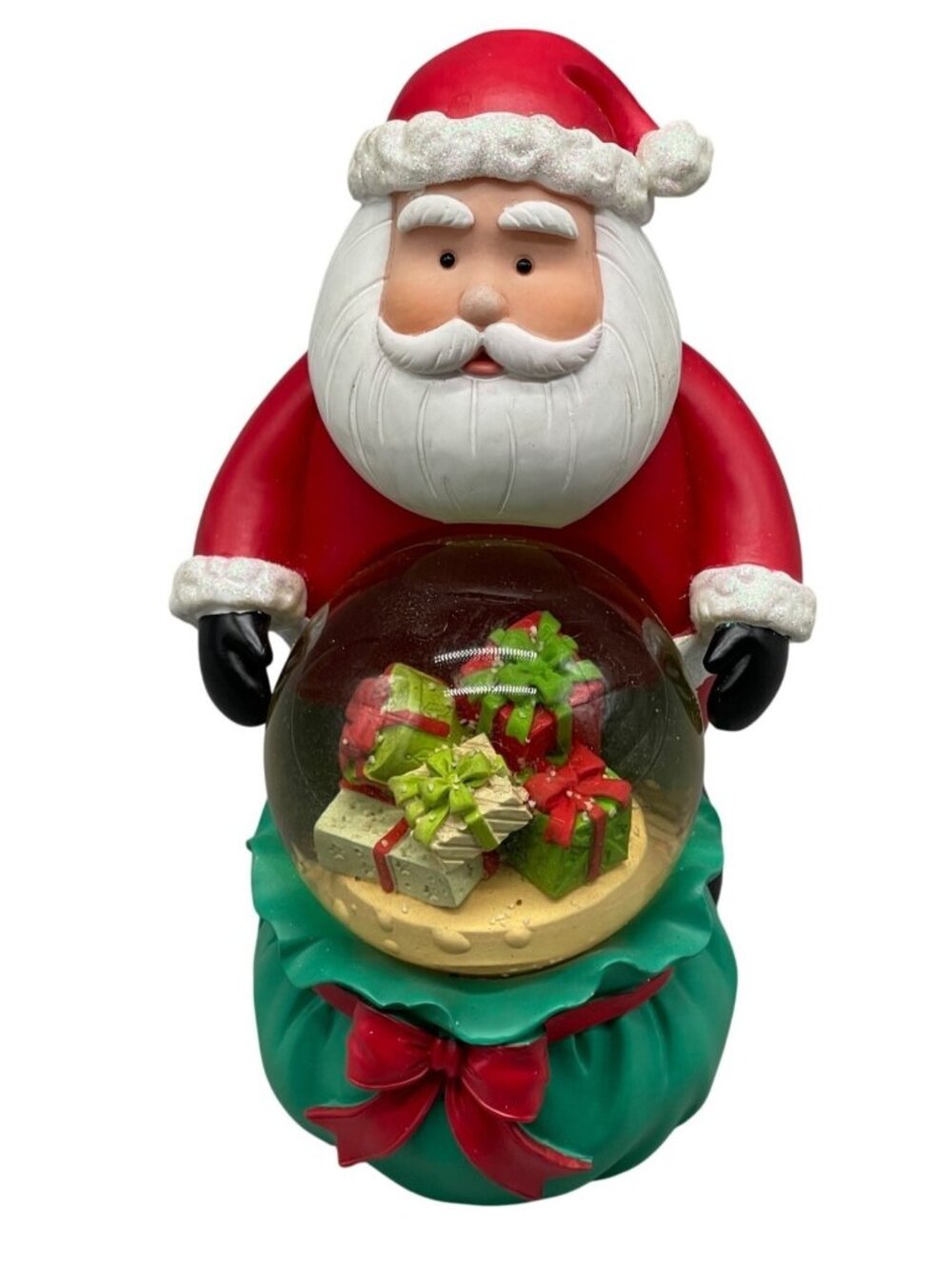 Christmas Santa snow globe figurine Santa bag present red green resin 6.5" READ
